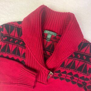 Lauren Ralph Lauren Sweater Womens M Red Fair Isle Quarter Zip Pullover Cotton